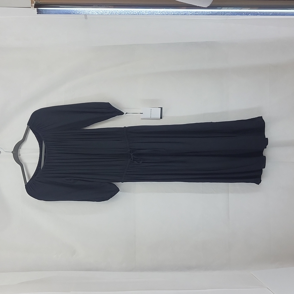 WHO WHAT WEAR Black Bardot Boho Rayon Drawstring Waist Side Slit Long Midi Dress